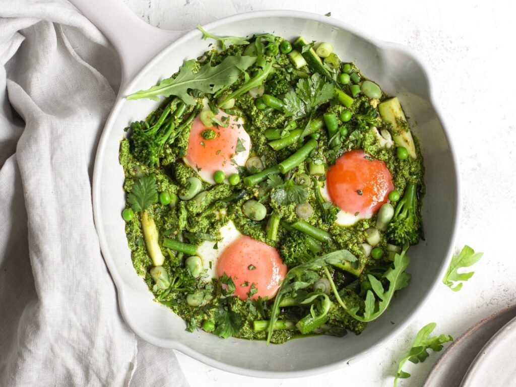 reen shakshuka with three eggs and spring vegetables – a choline-rich recipe to support brain health and cognitive function in perimenopause.
