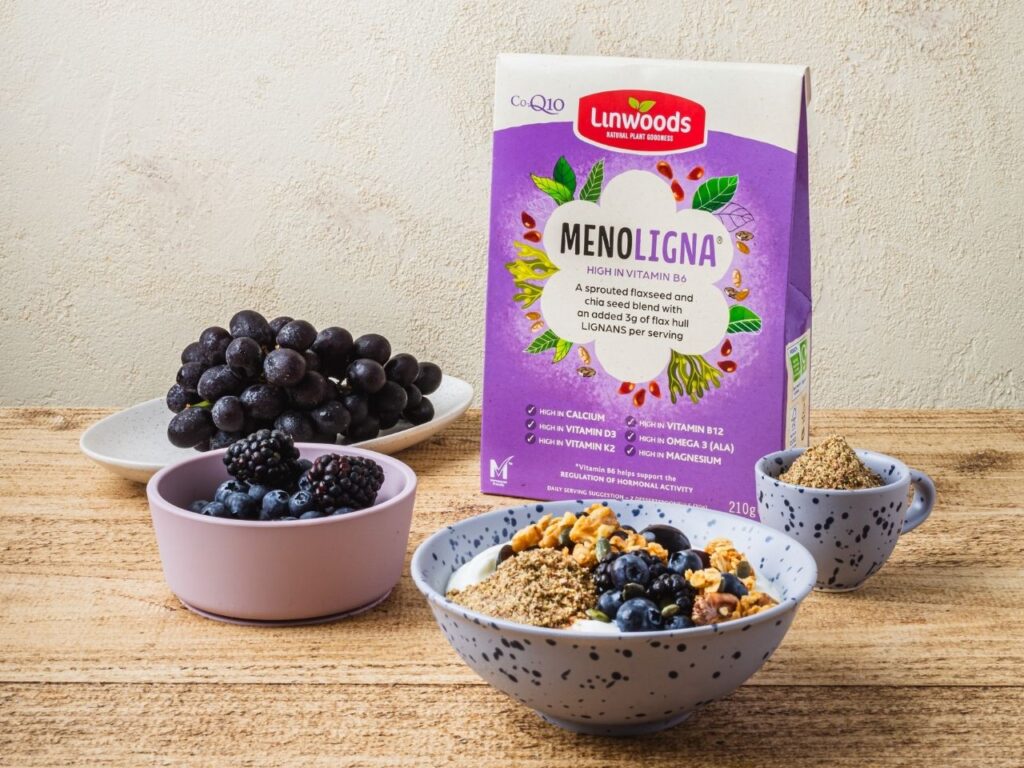 Linwoods Menoligna flaxseed and chia seed blend with added lignans – a plant-based source of phytoestrogens to support hormone balance in perimenopause.