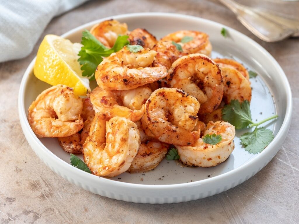 Mediterranean garlic and chilli prawns served with lemon wedge and fresh herbs – a zinc-rich recipe to support brain health and reduce brain fog in perimenopause.